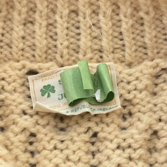 Vintage Irish Wool Sweater Hand Knit Cardigan Collar Ivory Chunky Fisherman READ - Picture 2 of 16